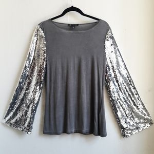 INC gray sequin flare sleeve glam bling silver top